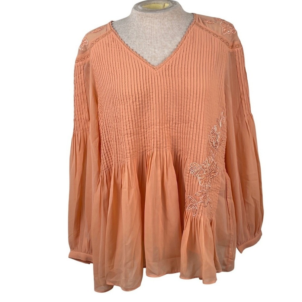 Soft Surroundings Peach Pintuck Embroidered Sequin Blouse V-Neck Top S